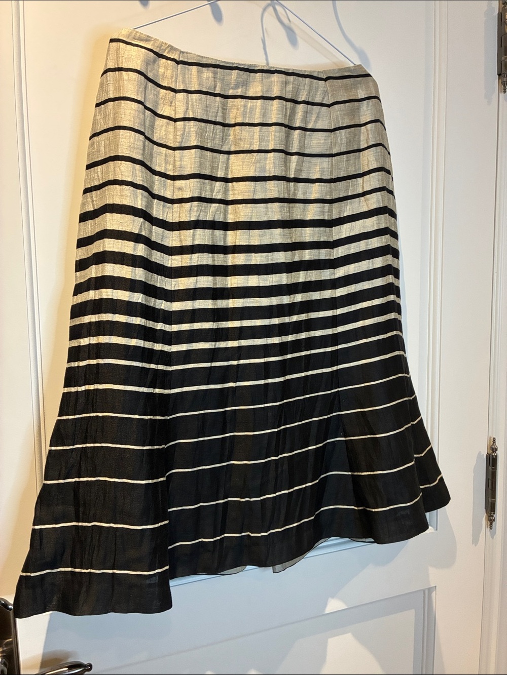 Precis Petite Linen Striped Midi Skirt Black Silver A-Line ⭐️